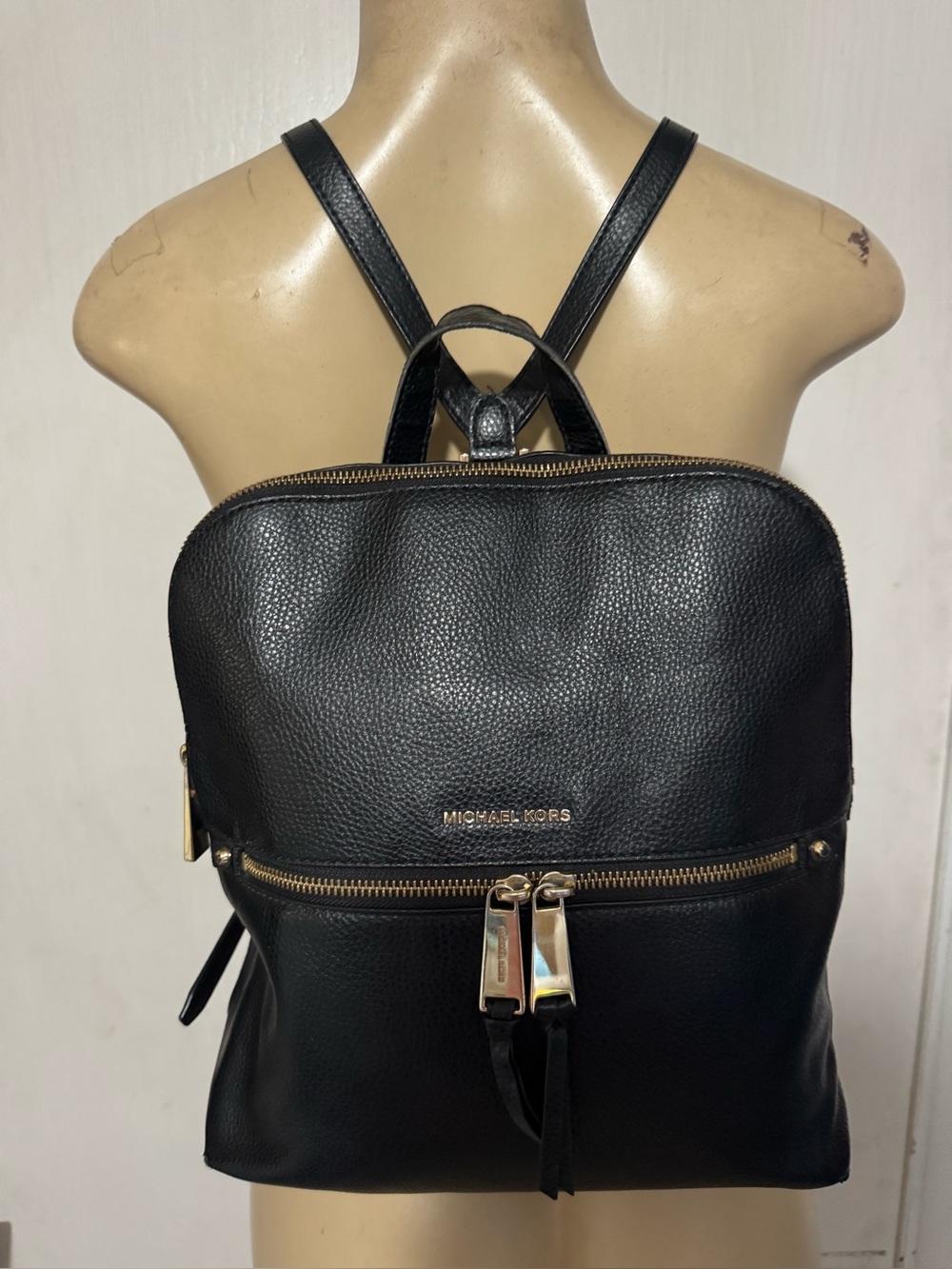 Michael Kors Black Pebbled Leather Backpack with Gold Accents